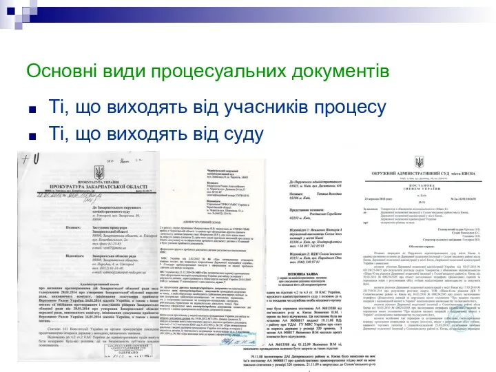 Основні види процесуальних документів Ті, що виходять від учасників процесу Ті, що виходять від суду