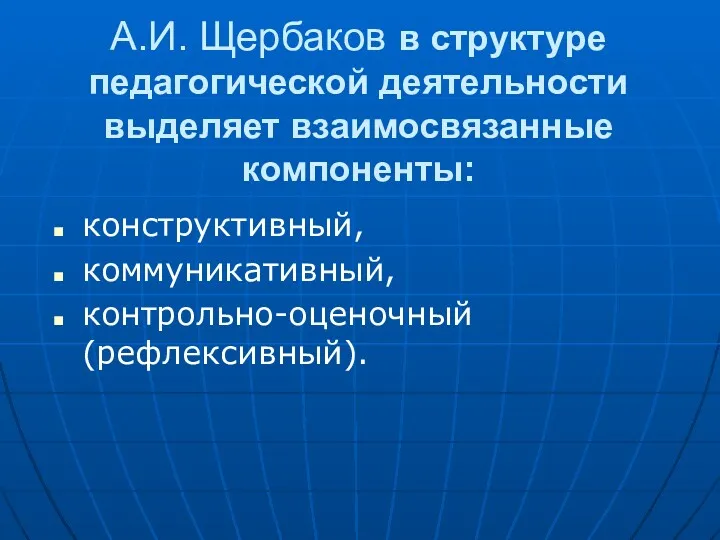 А.И. Щербаков в структуре педагогической деятельности выделяет взаимосвязанные компоненты: конструктивный, коммуникативный, контрольно-оценочный (рефлексивный).