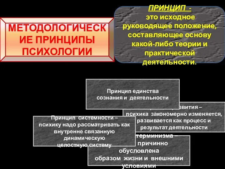 МЕТОДОЛОГИЧЕСКИЕ ПРИНЦИПЫ ПСИХОЛОГИИ Принцип детерминизма – психика причинно обусловлена образом