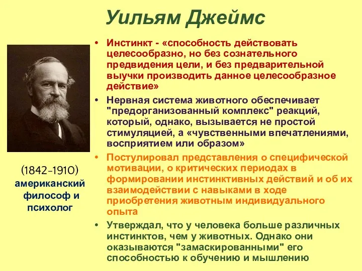 Уильям Джеймс Инстинкт - «способность действовать целесообразно, но без сознательного