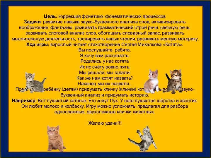 Цель: коррекция фонетико-фонематических процессов Задачи: развитие навыка звуко-буквенного анализа слов,