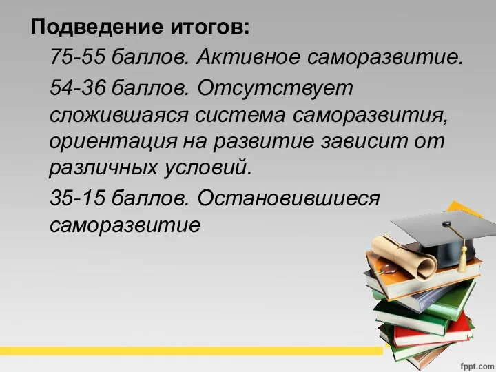 Подведение итогов: 75-55 баллов. Активное саморазвитие. 54-36 баллов. Отсутствует сложившаяся