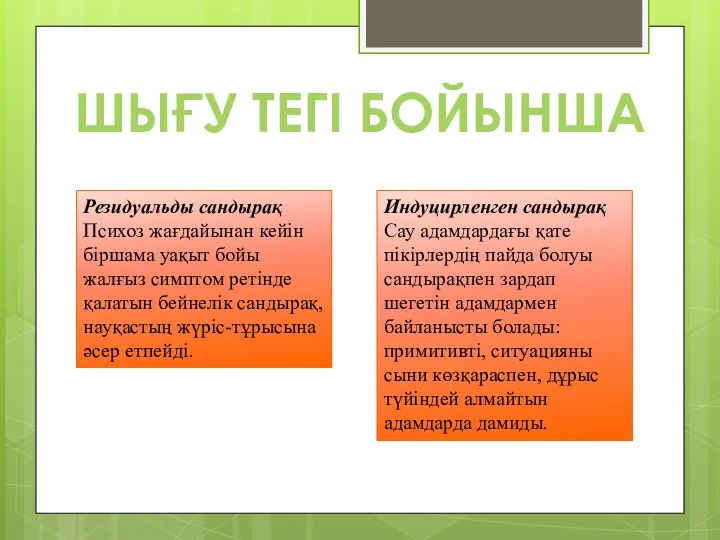 ШЫҒУ ТЕГІ БОЙЫНША Резидуальды сандырақ Психоз жағдайынан кейін біршама уақыт