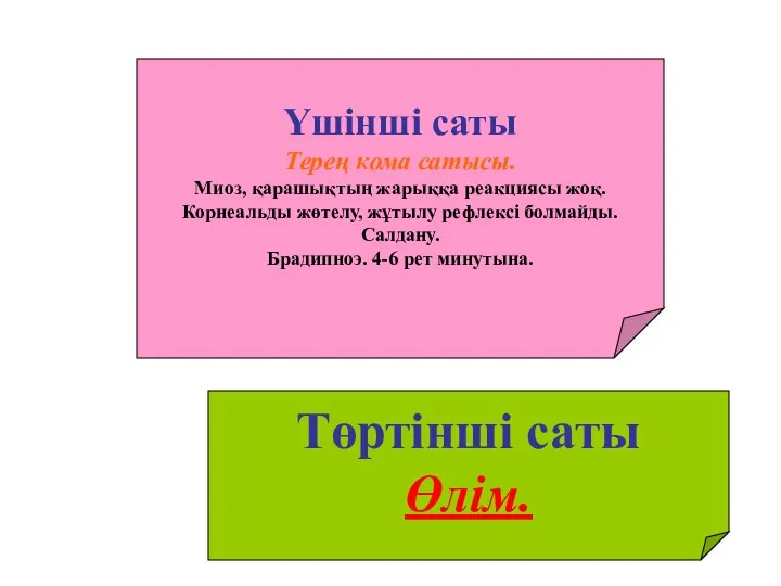 Үшінші саты Терең кома сатысы. Миоз, қарашықтың жарыққа реакциясы жоқ.