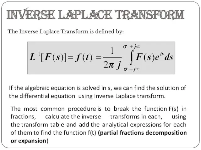 Inverse Laplace Transform The Inverse Laplace Transform is defined by: