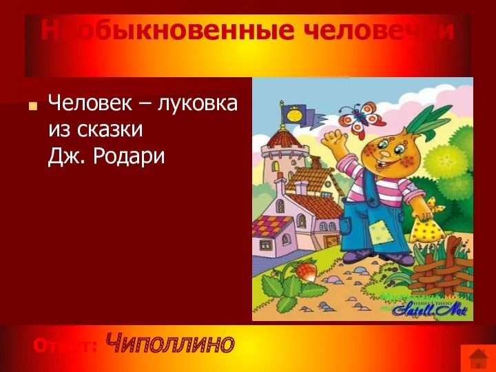 Необыкновенные человечки Ответ: Чиполлино Человек – луковка из сказки Дж. Родари