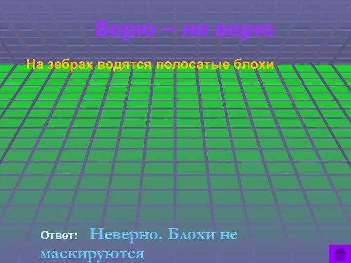 Верю – не верю На зебрах водятся полосатые блохи Ответ: Неверно. Блохи не маскируются