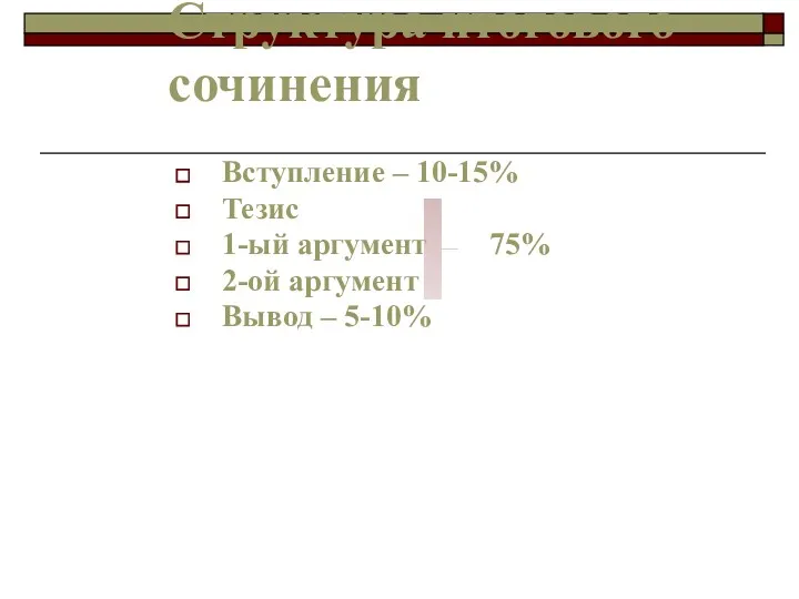 Структура итогового сочинения Вступление – 10-15% Тезис 1-ый аргумент 75% 2-ой аргумент Вывод – 5-10%