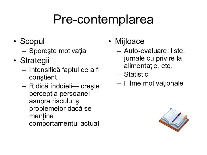 Pre-contemplarea Scopul Sporeşte motivaţia Strategii Intensifică faptul de a fi