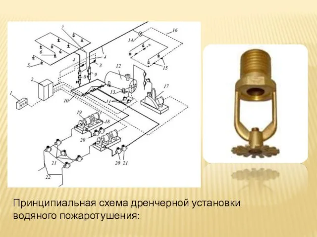 Принципиальная схема дренчерной установки водяного пожаротушения: