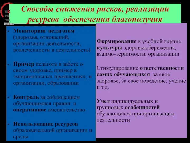 Способы снижения рисков, реализации ресурсов обеспечения благополучия Мониторинг педагогом (здоровья,