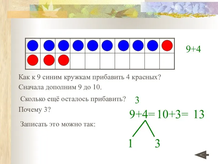 Как к 9 синим кружкам прибавить 4 красных? Сначала дополним