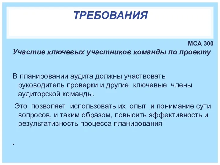 ТРЕБОВАНИЯ МСА 300 Участие ключевых участников команды по проекту В