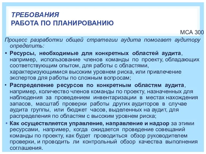 ТРЕБОВАНИЯ РАБОТА ПО ПЛАНИРОВАНИЮ МСА 300 Процесс разработки общей стратегии