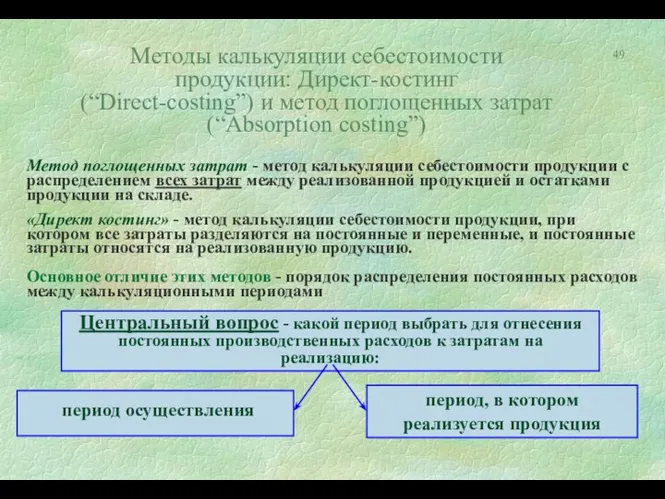 Методы калькуляции себестоимости продукции: Директ-костинг (“Direct-costing”) и метод поглощенных затрат