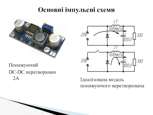 Основні імпульсні схеми Понижуючий DC-DC перетворювач 2А Ідеалізована модель понижуючого перетворювача