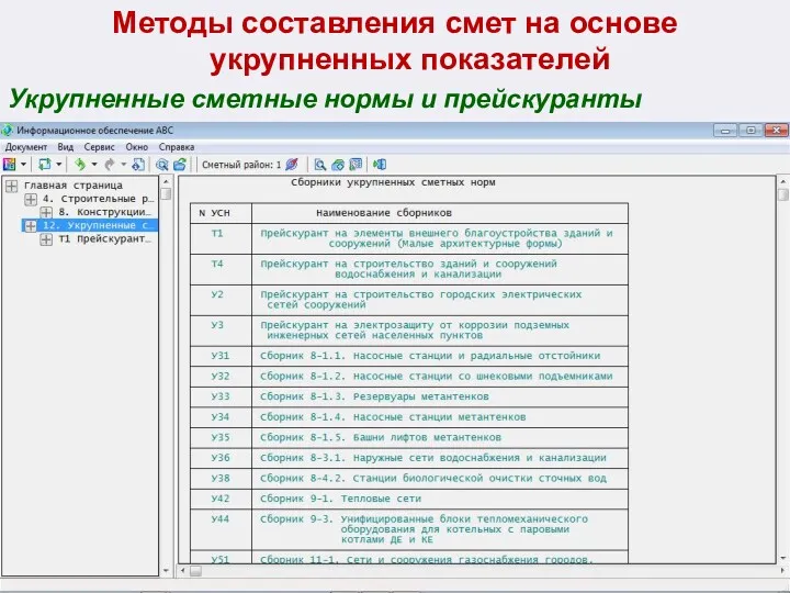 Методы составления смет на основе укрупненных показателей Укрупненные сметные нормы и прейскуранты