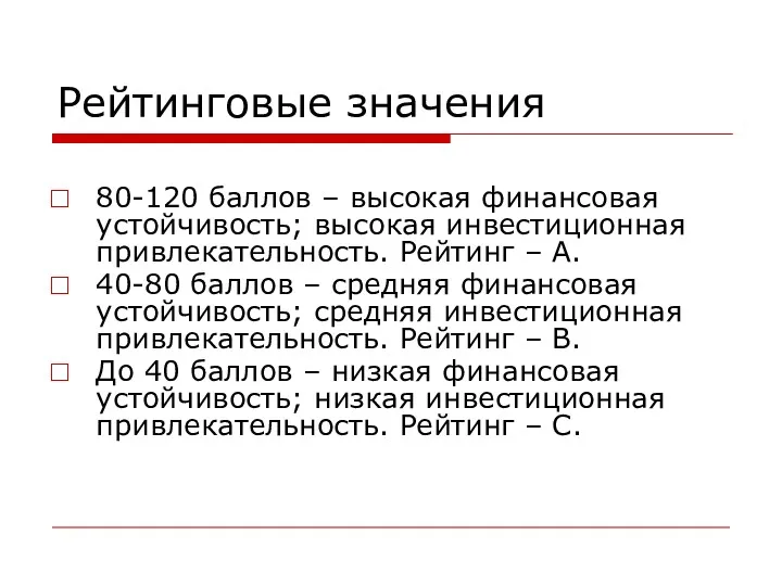 Рейтинговые значения 80-120 баллов – высокая финансовая устойчивость; высокая инвестиционная