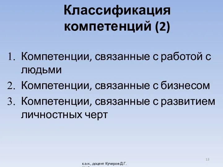 Классификация компетенций (2) Компетенции, связанные с работой с людьми Компетенции,