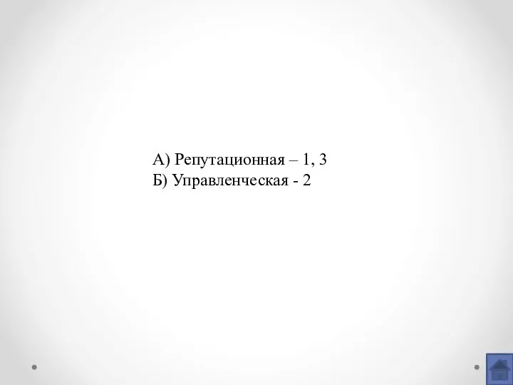 А) Репутационная – 1, 3 Б) Управленческая - 2