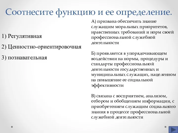 Соотнесите функцию и ее определение. 1) Регулятивная 2) Ценностно-ориентировочная 3)