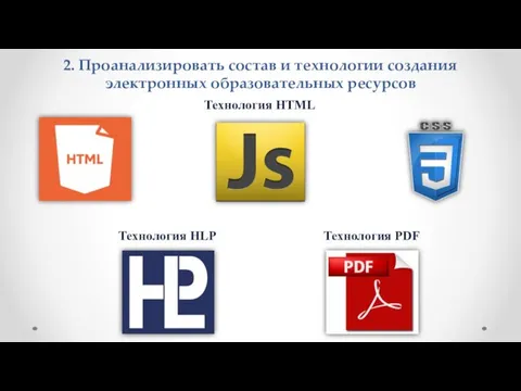 2. Проанализировать состав и технологии создания электронных образовательных ресурсов Технология HTML Технология PDF Технология HLP