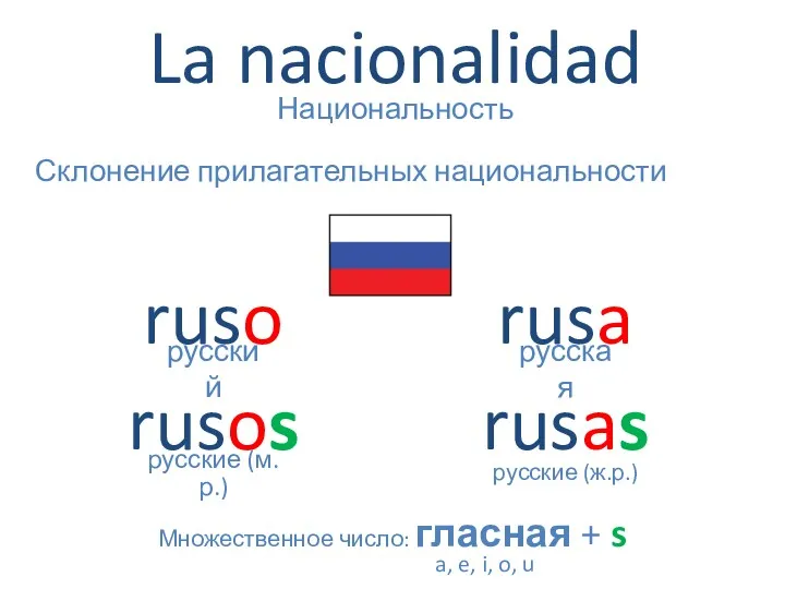 La nacionalidad Национальность русский Склонение прилагательных национальности ruso rusa русская