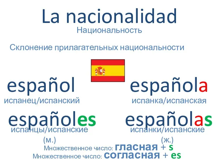 La nacionalidad Национальность испанец/испанский Склонение прилагательных национальности español española Множественное число: гласная +