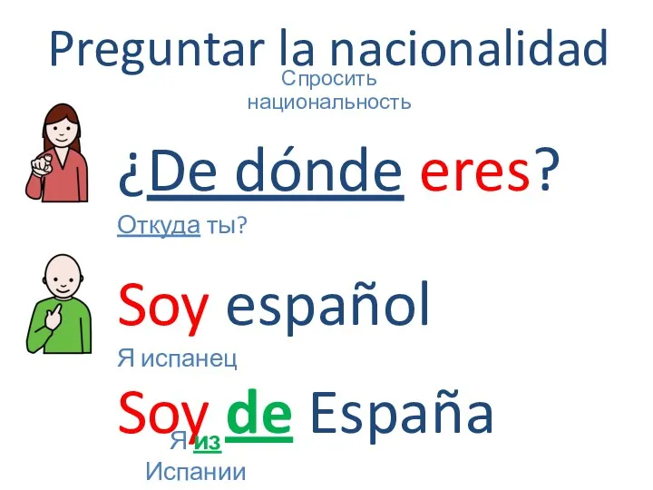 Preguntar la nacionalidad Soy español Спросить национальность Я испанец ¿De dónde eres? Откуда