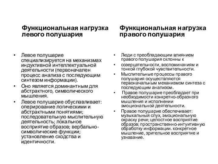 Функциональная нагрузка левого полушария Левое полушарие специализируется на механизмах индуктивной