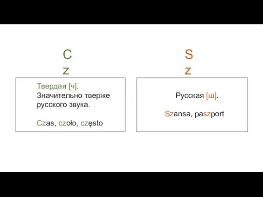 Cz Sz Твердая [ч]. Значительно тверже русского звука. Czas, czoło, często Русская [ш]. Szansa, paszport