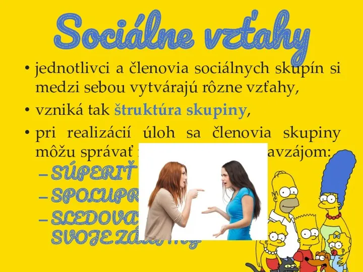 Sociálne vzťahy jednotlivci a členovia sociálnych skupín si medzi sebou