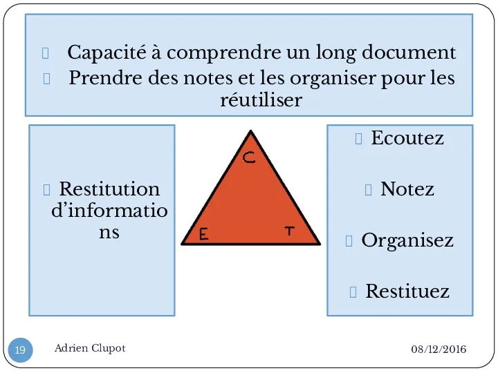 08/12/2016 Adrien Clupot Capacité à comprendre un long document Prendre