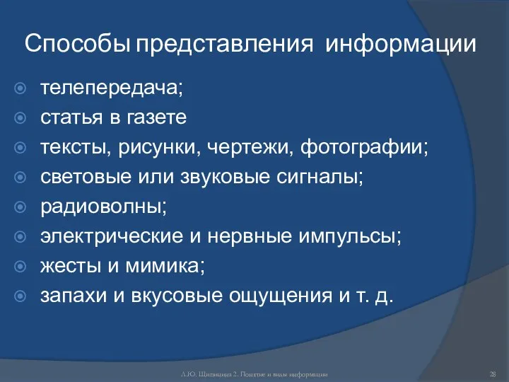 Л.Ю. Щипицина 2. Понятие и виды информации Способы представления информации