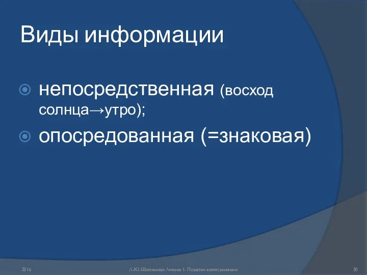 Виды информации непосредственная (восход солнца→утро); опосредованная (=знаковая) 2016 Л.Ю.Щипицина Лекция 1. Понятие коммуникации