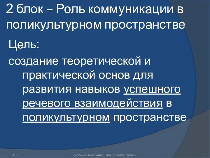 2 блок – Роль коммуникации в поликультурном пространстве Цель: создание