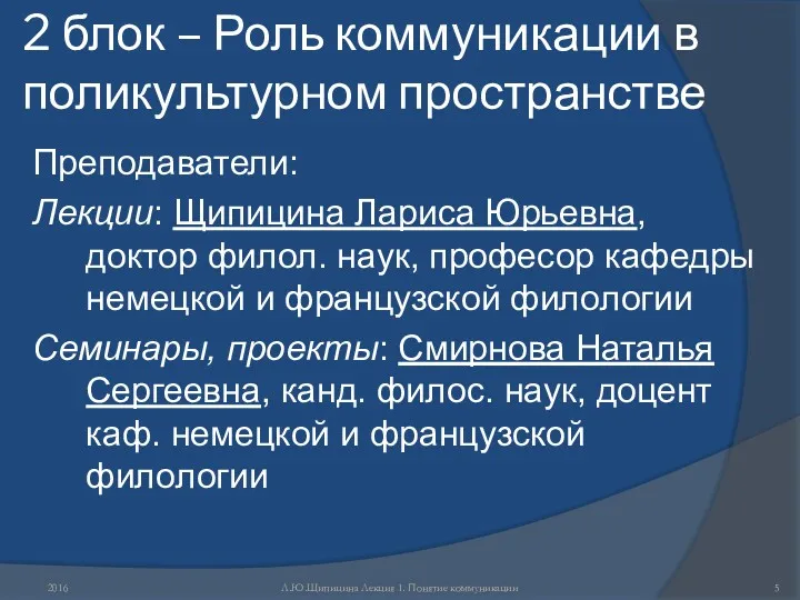 2 блок – Роль коммуникации в поликультурном пространстве Преподаватели: Лекции: