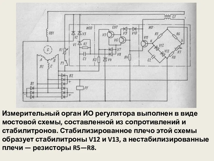 Измерительный орган ИО регулятора выполнен в виде мостовой схемы, составленной