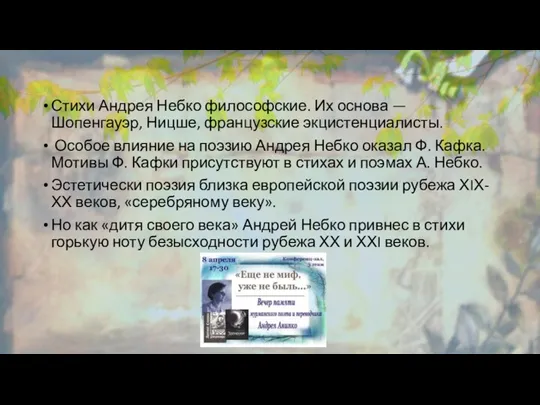 Стихи Андрея Небко философские. Их основа — Шопенгауэр, Ницше, французские