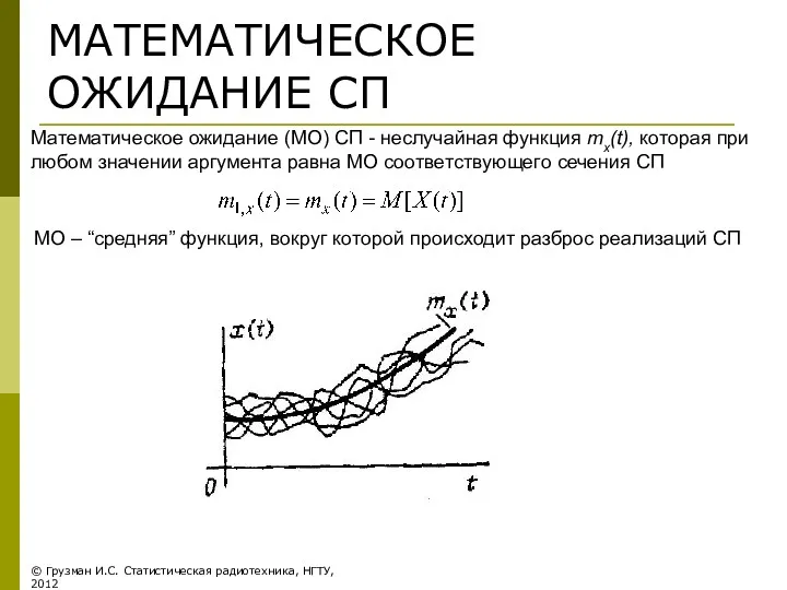 МАТЕМАТИЧЕСКОЕ ОЖИДАНИЕ СП Математическое ожидание (МО) СП - неслучайная функция