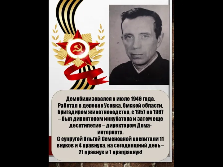 Демобилизовался в июле 1946 года. Работал в деревне Усовка, Омской