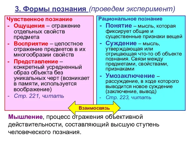 3. Формы познания (проведем эксперимент) Чувственное познание Ощущения – отражение