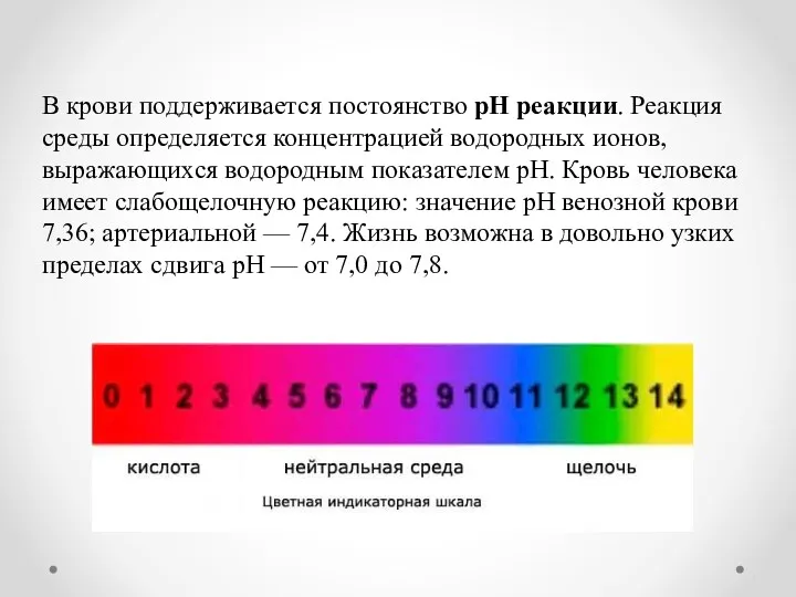 В крови поддерживается постоянство рН реакции. Реакция среды определяется концентрацией