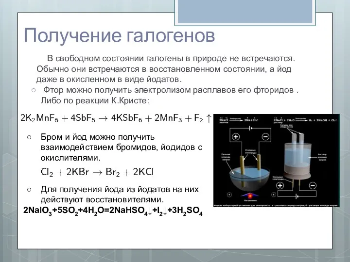 Получение галогенов В свободном состоянии галогены в природе не встречаются.