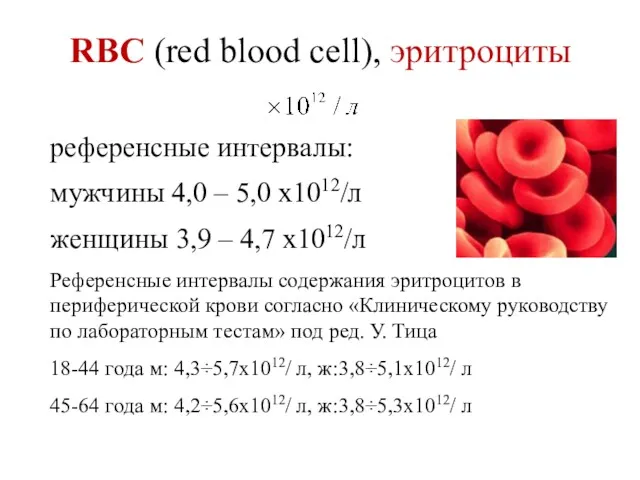 RBC (red blood cell), эритроциты референсные интервалы: мужчины 4,0 –