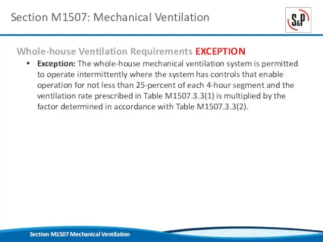 Section M1507: Mechanical Ventilation Section M1507 Mechanical Ventilation Exception: The