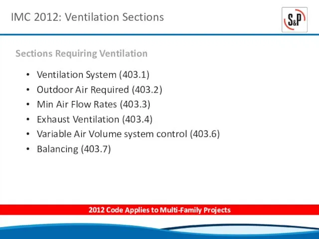 IMC 2012: Ventilation Sections Ventilation System (403.1) Outdoor Air Required