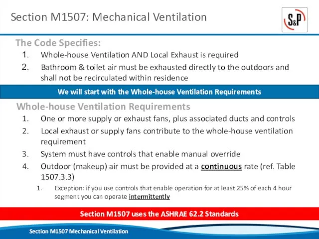 Section M1507: Mechanical Ventilation Whole-house Ventilation AND Local Exhaust is