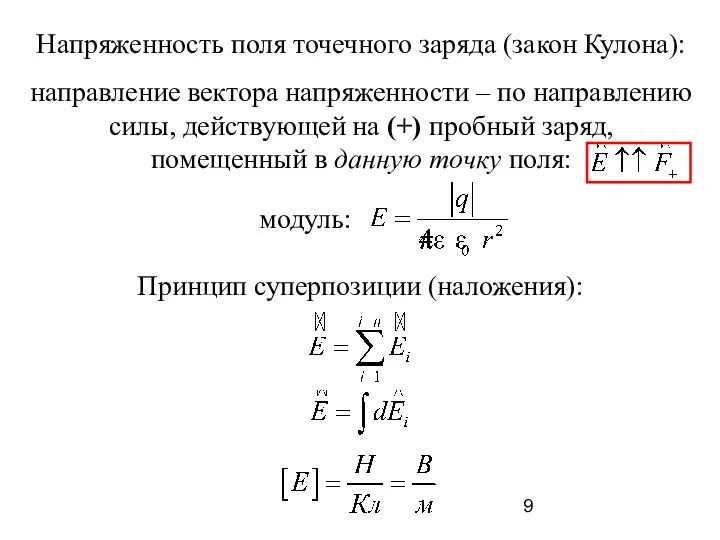 Напряженность поля точечного заряда (закон Кулона): направление вектора напряженности –