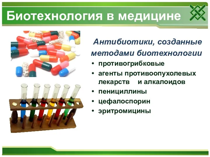 Антибиотики, созданные методами биотехнологии противогрибковые агенты противоопухолевых лекарств и алкалоидов пенициллины цефалоспорин эритромицины Биотехнология в медицине